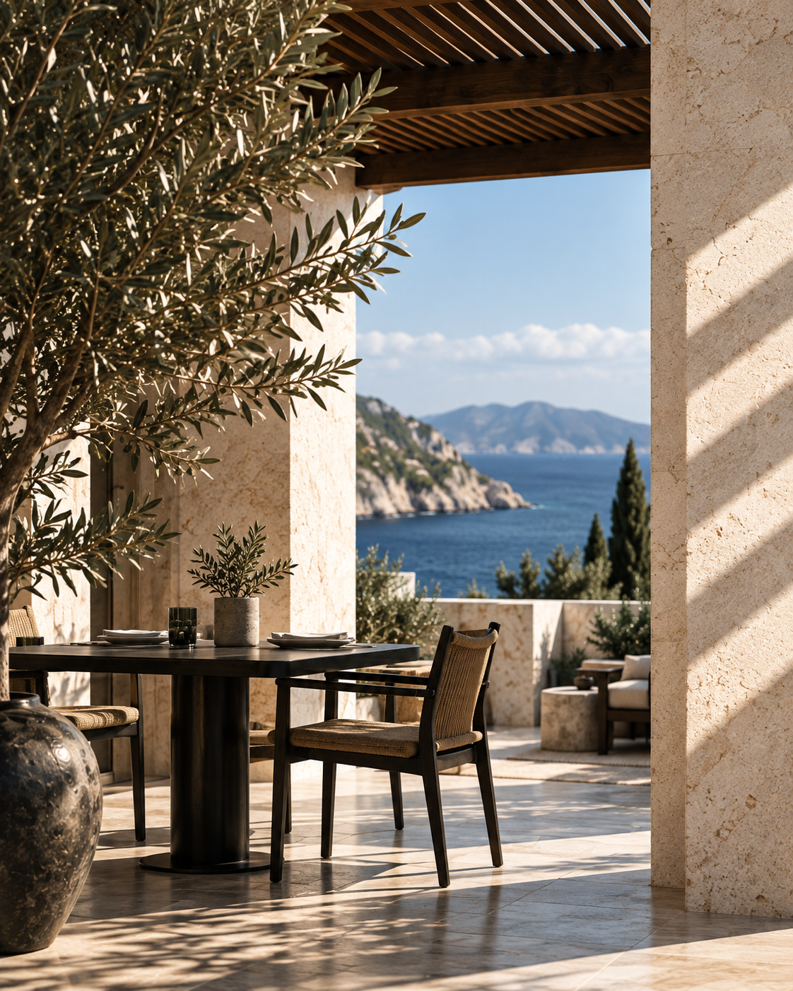 Stone hotel terrace overlooking the Mediterranean