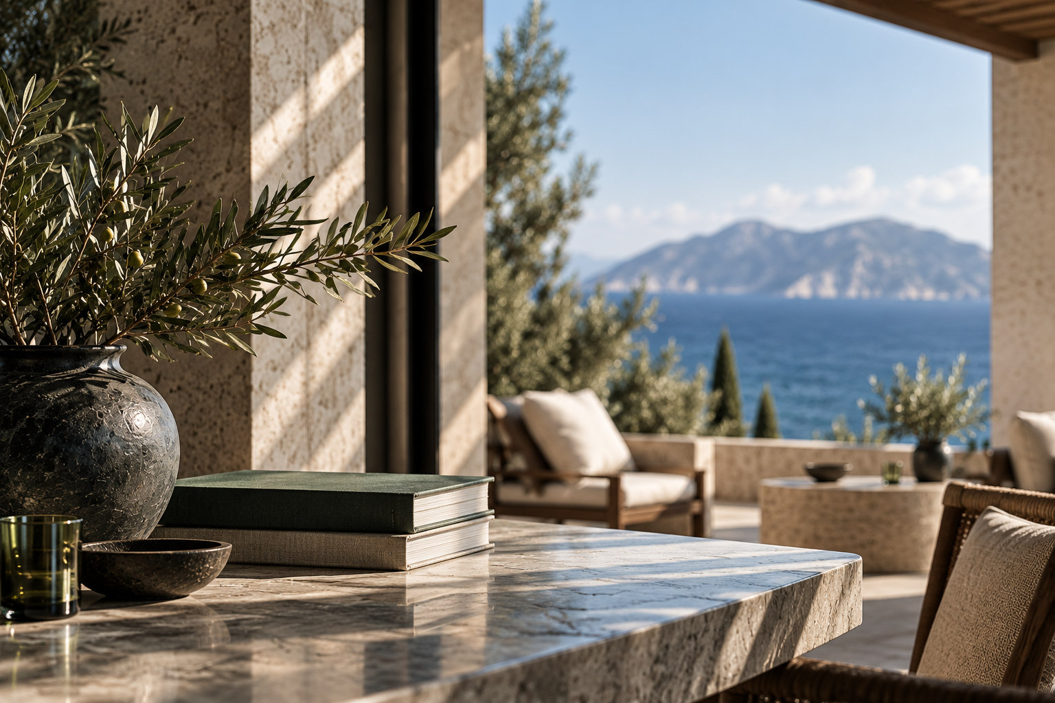 Mediterranean hotel terrace with olive branches and sea view